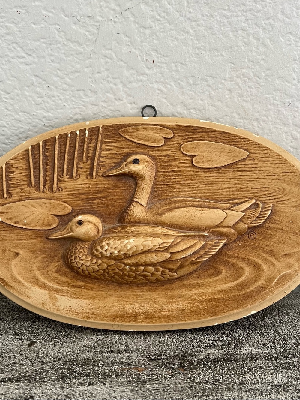 Vtg 1945 Orn-A-Craft Ducks In Pond Chalkware Plaque Oval Wall Hanging 8.5"x5"